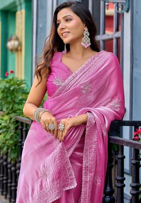 Baby pink shimmer chiffon embroidery saree with unstitched blouse piece 3