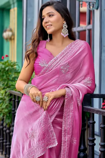 Baby pink shimmer chiffon embroidery saree with unstitched blouse piece