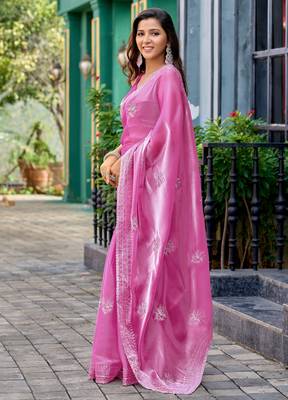 Baby pink shimmer chiffon embroidery saree with unstitched blouse piece 4