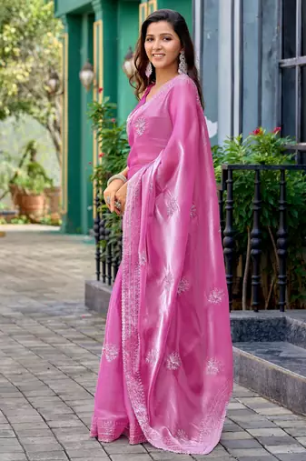 Baby pink shimmer chiffon embroidery saree with unstitched blouse piece