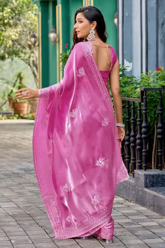 Baby pink shimmer chiffon embroidery saree with unstitched blouse piece