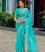 Sea green soft shimmer chiffon embroidery work designer party wear festive saree with unstitched blouse piece
