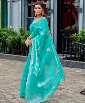 Sea green shimmer chiffon embroidery saree with unstitched blouse piece 2