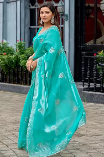 Sea green shimmer chiffon embroidery saree with unstitched blouse piece