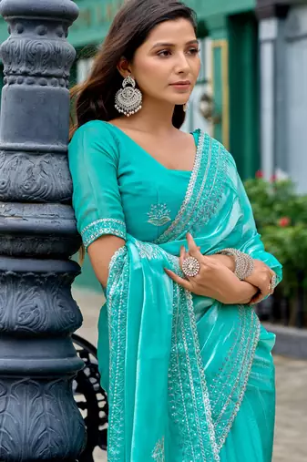 Sea green shimmer chiffon embroidery saree with unstitched blouse piece