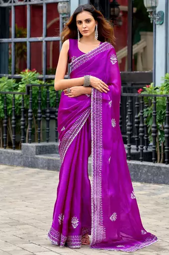 Purple soft shimmer chiffon embroidery work designer party wear festive saree with unstitched blouse piece