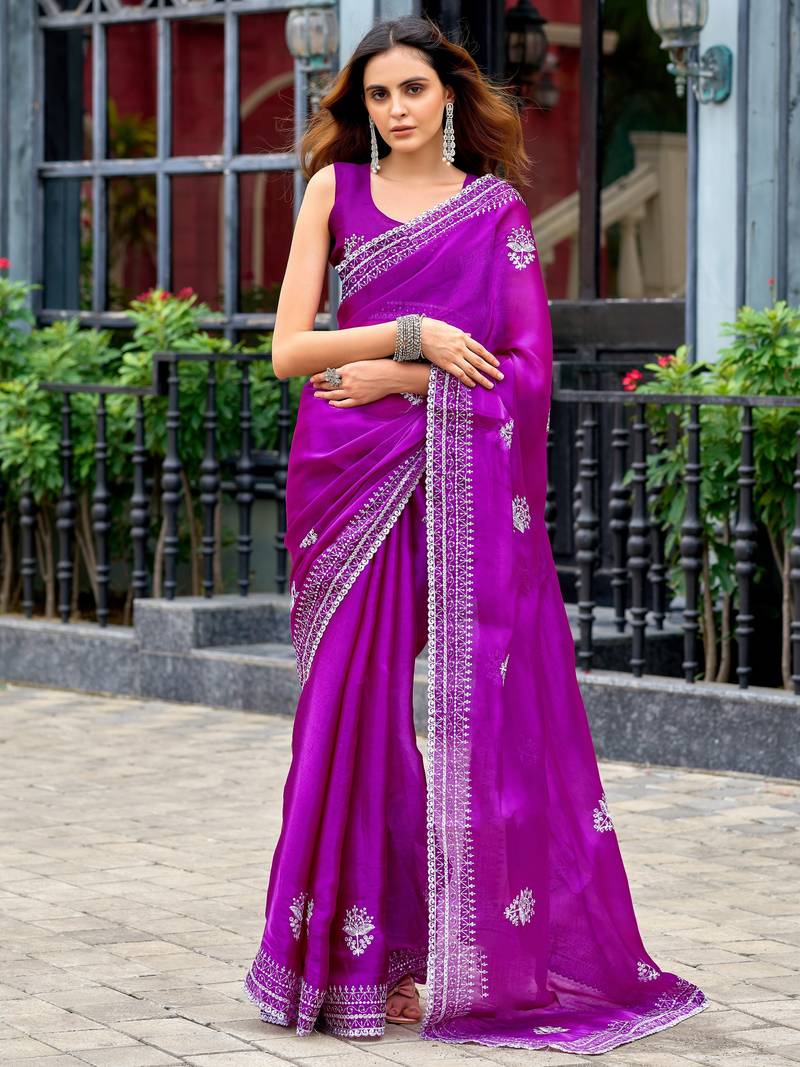Purple soft shimmer chiffon embroidery work designer party wear festive saree with unstitched blouse piece