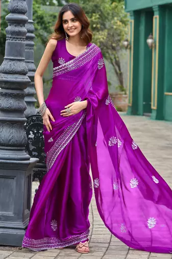 Purple shimmer chiffon embroidery saree with unstitched blouse piece