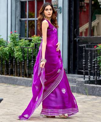 Purple shimmer chiffon embroidery saree with unstitched blouse piece 3