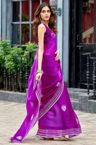 Purple shimmer chiffon embroidery saree with unstitched blouse piece