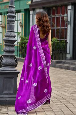 Purple shimmer chiffon embroidery saree with unstitched blouse piece 4