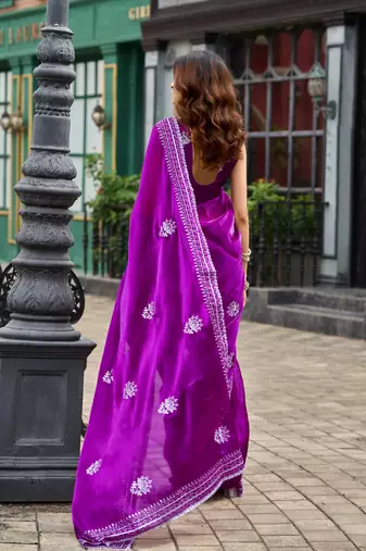 Purple shimmer chiffon embroidery saree with unstitched blouse piece