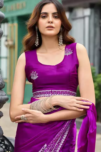 Purple shimmer chiffon embroidery saree with unstitched blouse piece