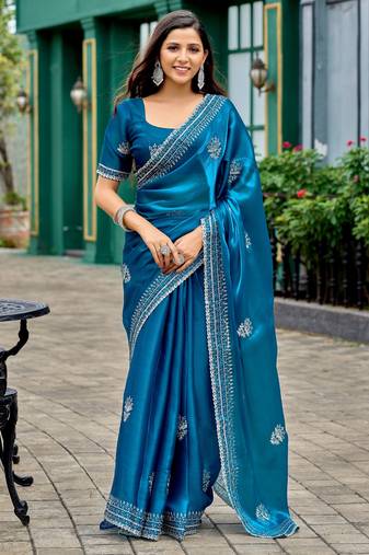 Teal blue shimmer chiffon embroidery saree with unstitched blouse piece
