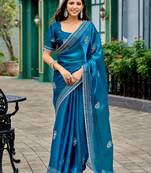 Teal blue soft shimmer chiffon embroidery work designer party wear festive saree with unstitched blouse piece