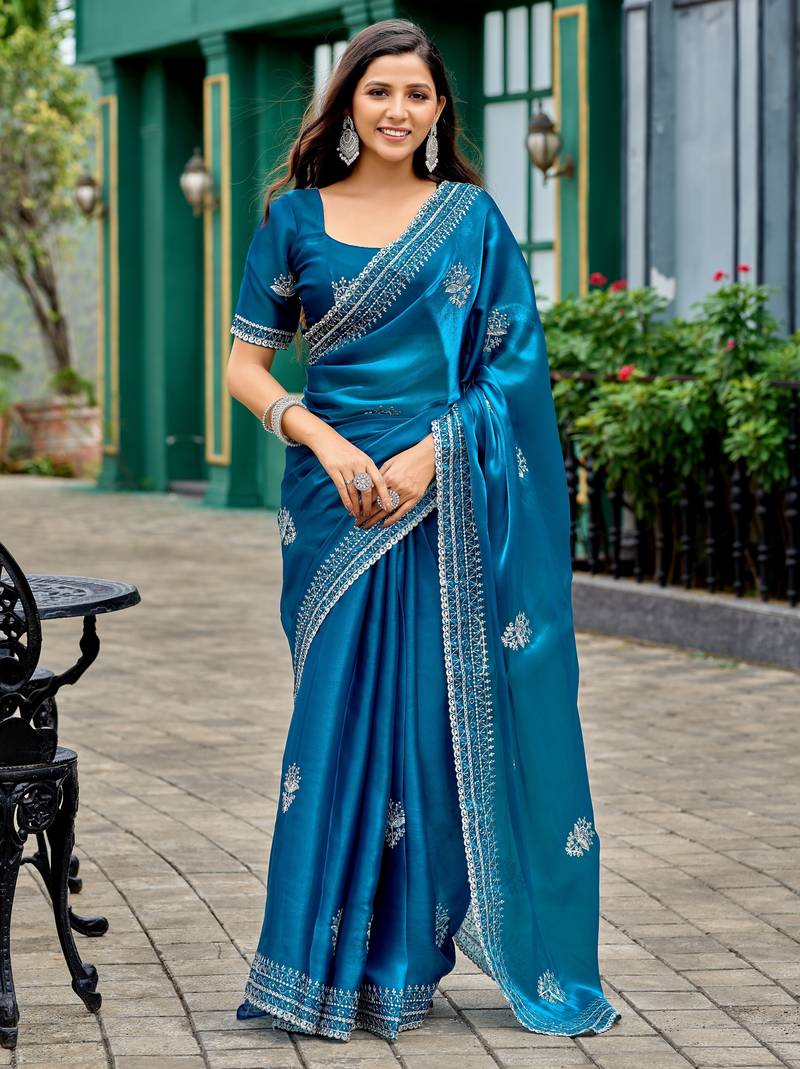 Teal blue soft shimmer chiffon embroidery work designer party wear festive saree with unstitched blouse piece