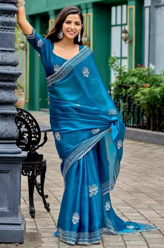 Teal blue shimmer chiffon embroidery saree with unstitched blouse piece