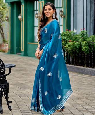 Teal blue shimmer chiffon embroidery saree with unstitched blouse piece 3