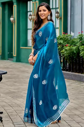 Teal blue shimmer chiffon embroidery saree with unstitched blouse piece