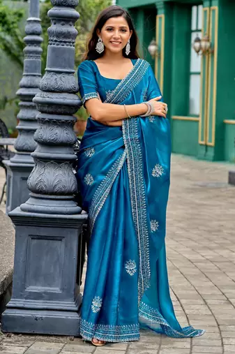 Teal blue shimmer chiffon embroidery saree with unstitched blouse piece