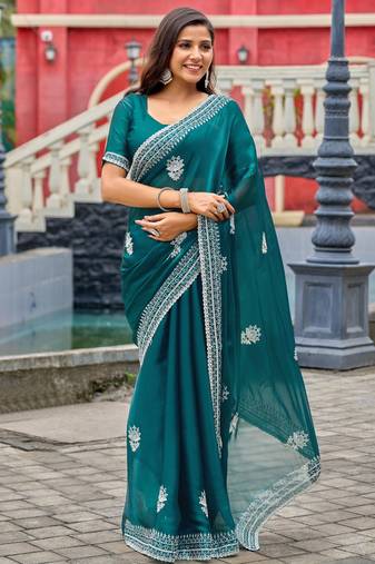 Bottle green soft shimmer chiffon embroidery work designer party wear festive saree with unstitched blouse piece