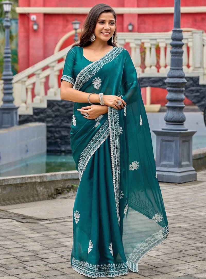 Bottle green soft shimmer chiffon embroidery work designer party wear festive saree with unstitched blouse piece