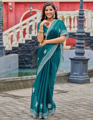 Bottle green shimmer chiffon embroidery saree with unstitched blouse piece 2