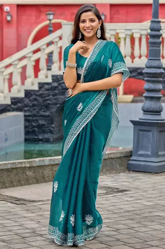 Bottle green shimmer chiffon embroidery saree with unstitched blouse piece