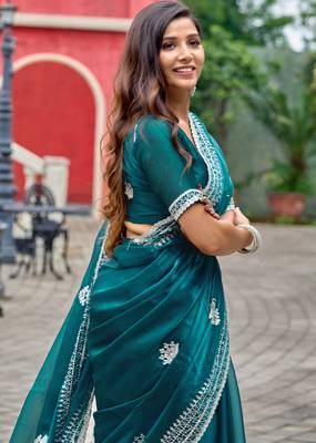 Bottle green shimmer chiffon embroidery saree with unstitched blouse piece 3