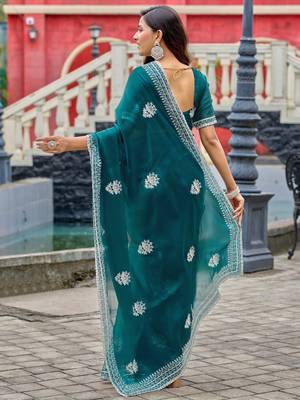 Bottle green shimmer chiffon embroidery saree with unstitched blouse piece 4