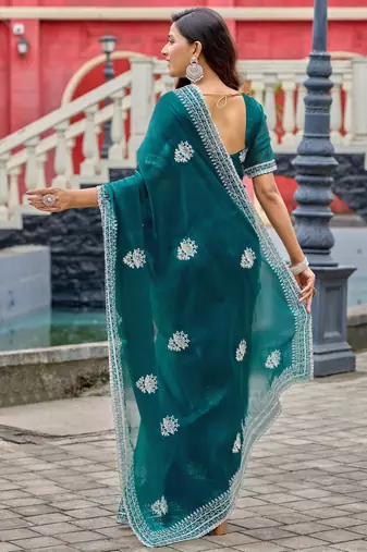 Bottle green shimmer chiffon embroidery saree with unstitched blouse piece