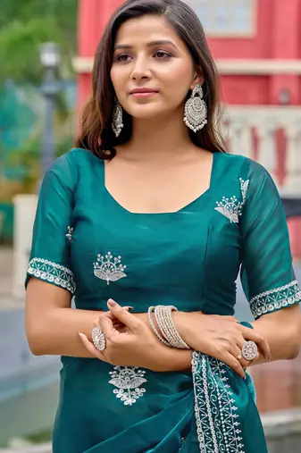 Bottle green shimmer chiffon embroidery saree with unstitched blouse piece
