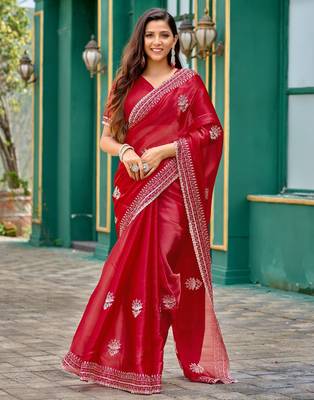 Red shimmer chiffon embroidery saree with unstitched blouse piece 2