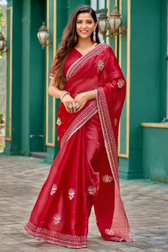 Red shimmer chiffon embroidery saree with unstitched blouse piece