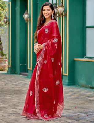 Red shimmer chiffon embroidery saree with unstitched blouse piece 3