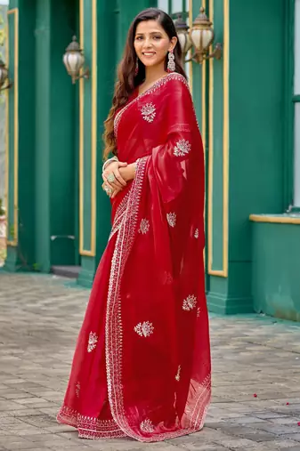 Red shimmer chiffon embroidery saree with unstitched blouse piece