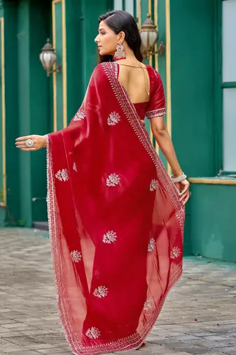 Red shimmer chiffon embroidery saree with unstitched blouse piece