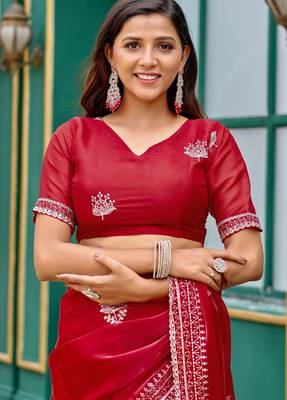 Red shimmer chiffon embroidery saree with unstitched blouse piece 5