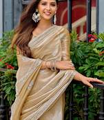 Gold soft shimmer chiffon embroidery work designer party wear festive saree with unstitched blouse piece