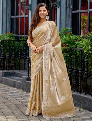 Gold shimmer chiffon embroidery saree with unstitched blouse piece 2