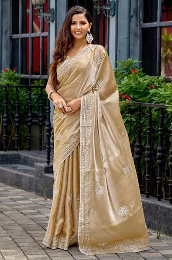 Gold shimmer chiffon embroidery saree with unstitched blouse piece
