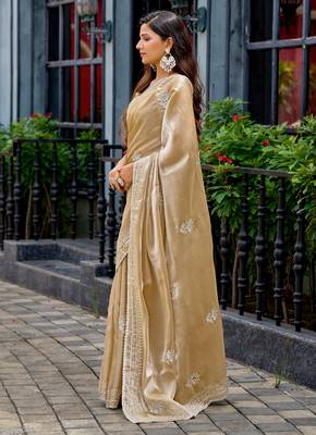 Gold shimmer chiffon embroidery saree with unstitched blouse piece 3