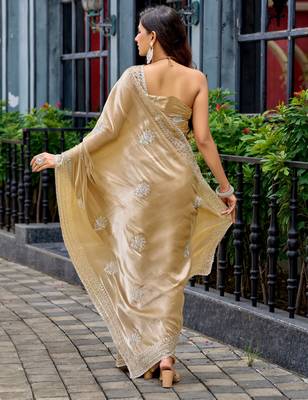 Gold shimmer chiffon embroidery saree with unstitched blouse piece 4