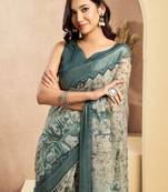off white lilen print 1 minute ready to wear saree with unstitched blouse piece