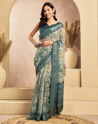 off white lilen print 1 minute ready to wear saree with unstitched blouse piece 2