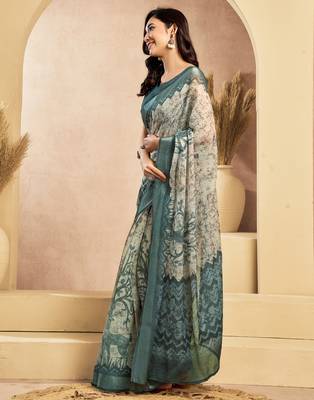off white lilen print 1 minute ready to wear saree with unstitched blouse piece 3