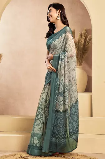 off white lilen print 1 minute ready to wear saree with unstitched blouse piece