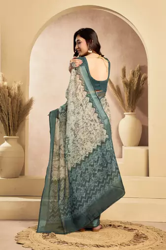 off white lilen print 1 minute ready to wear saree with unstitched blouse piece