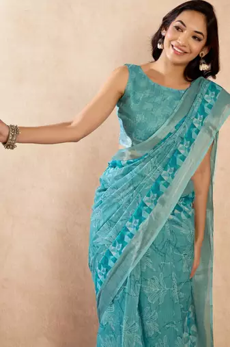 sky blue lilen print work designer party wear festive 1 minute ready to wear saree with unstitched blouse piece