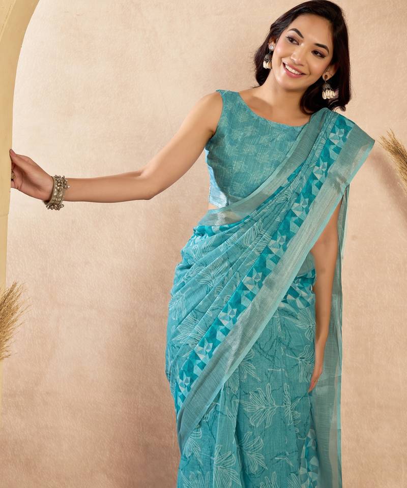 sky blue lilen print work designer party wear festive 1 minute ready to wear saree with unstitched blouse piece